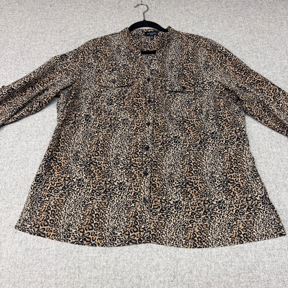 Notations | Leopard Print Roll Tab Sleeve Button Down Shirt | 2X | Tan Black Poc